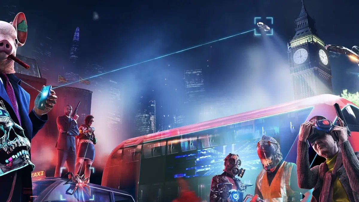 Watch Dogs Legion key art showing masked and uniformed Londoners, a red double-decker bus and Big Ben lit by neon