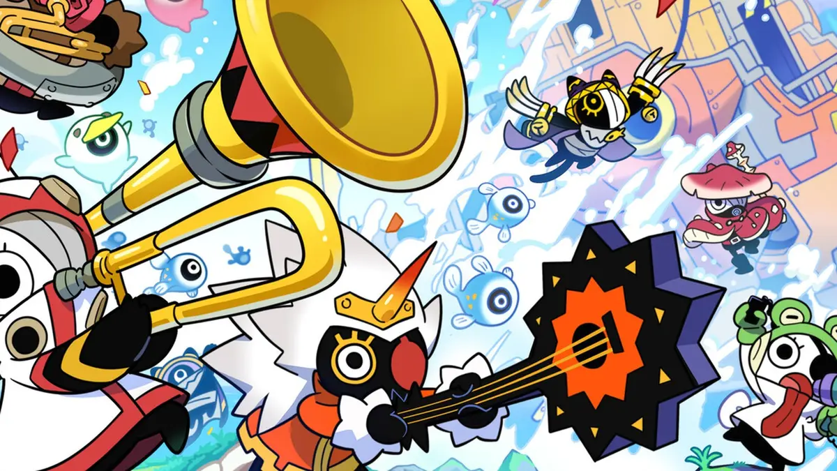 Official *Ratatan* key art: a white bugle-horned commander and its troupe of one-eyed creatures marching through the sky with a giant golden trumpet