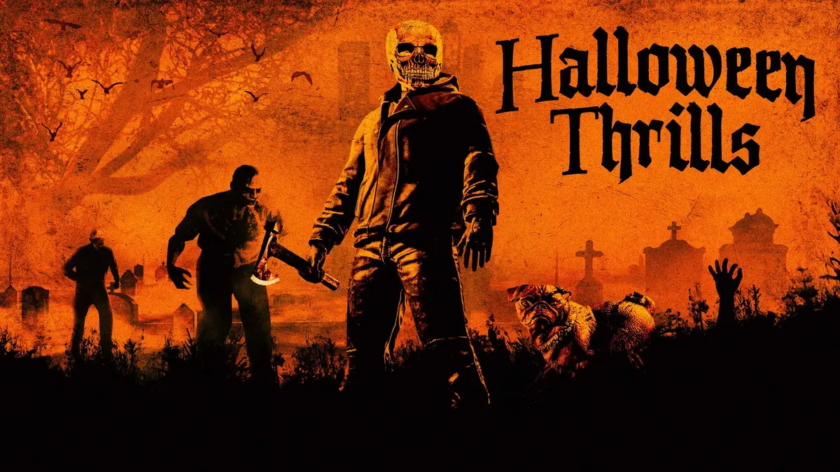 GTA Online Halloween Thrills key art: a masked Slasher in a skull mask holds a machete against a burning orange sky, with other masked figures, a graveyard and a church silhouette behind him