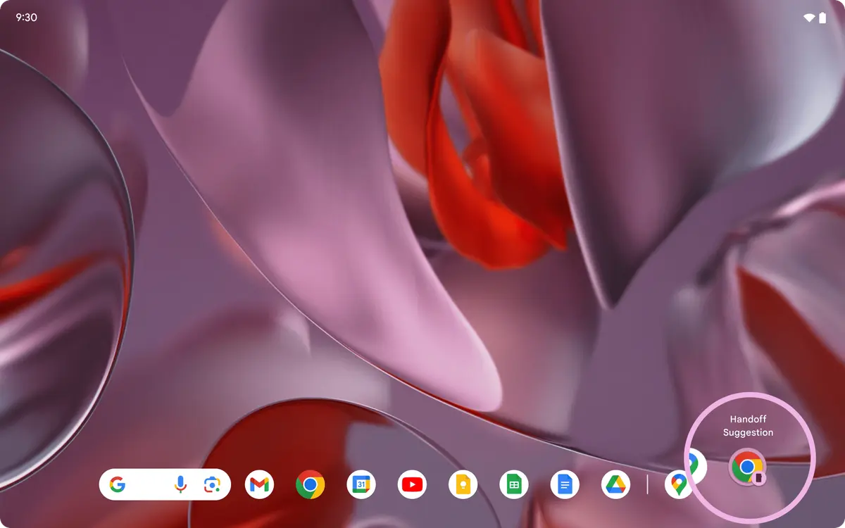 A tablet home screen showing the Android taskbar, where a highlighted icon on the far right is labelled Handoff Suggestion