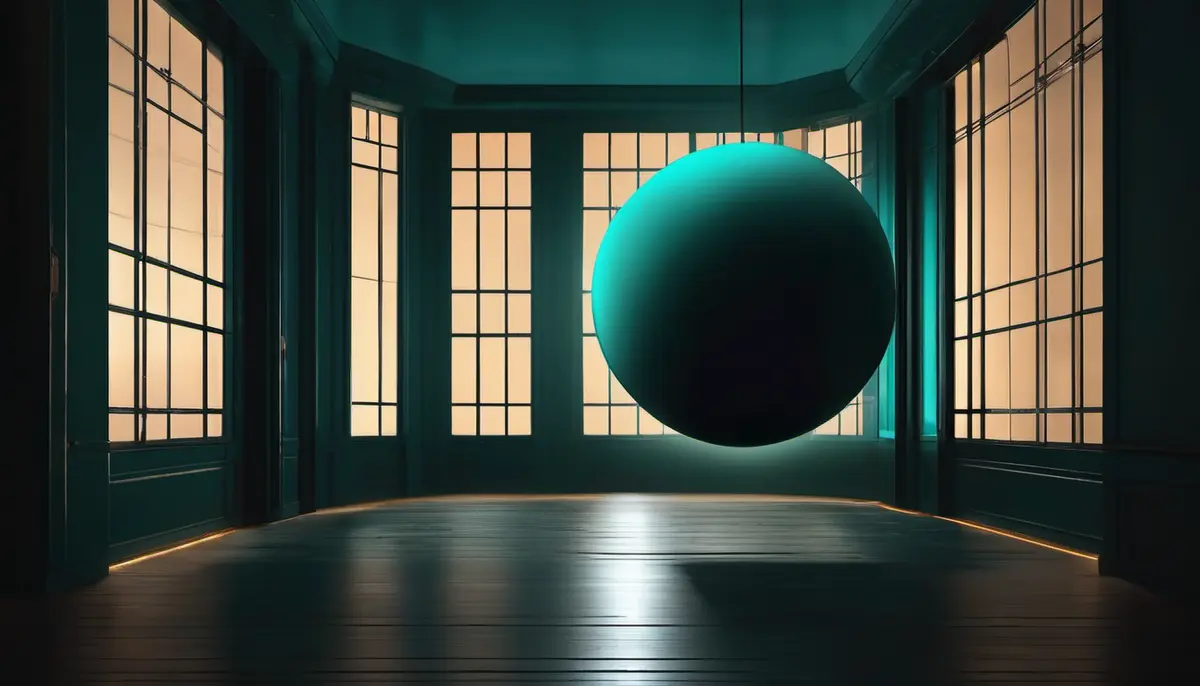 A single glowing teal sphere suspended in the centre of a dark, minimalist room, lit by warm panels of light behind it, standing in for an AI agent present inside a home.