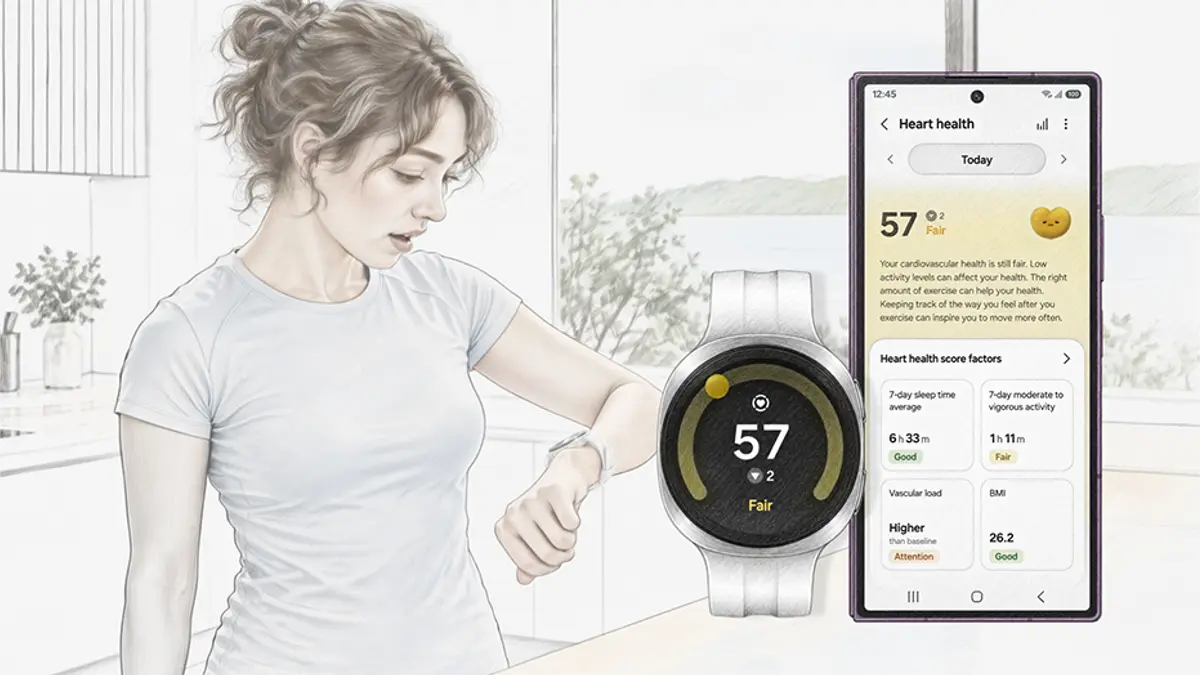 A woman checking the Heart Health Score on her Galaxy Watch beside a Galaxy phone showing the Samsung Health heart health screen with a score of 57, labelled Fair