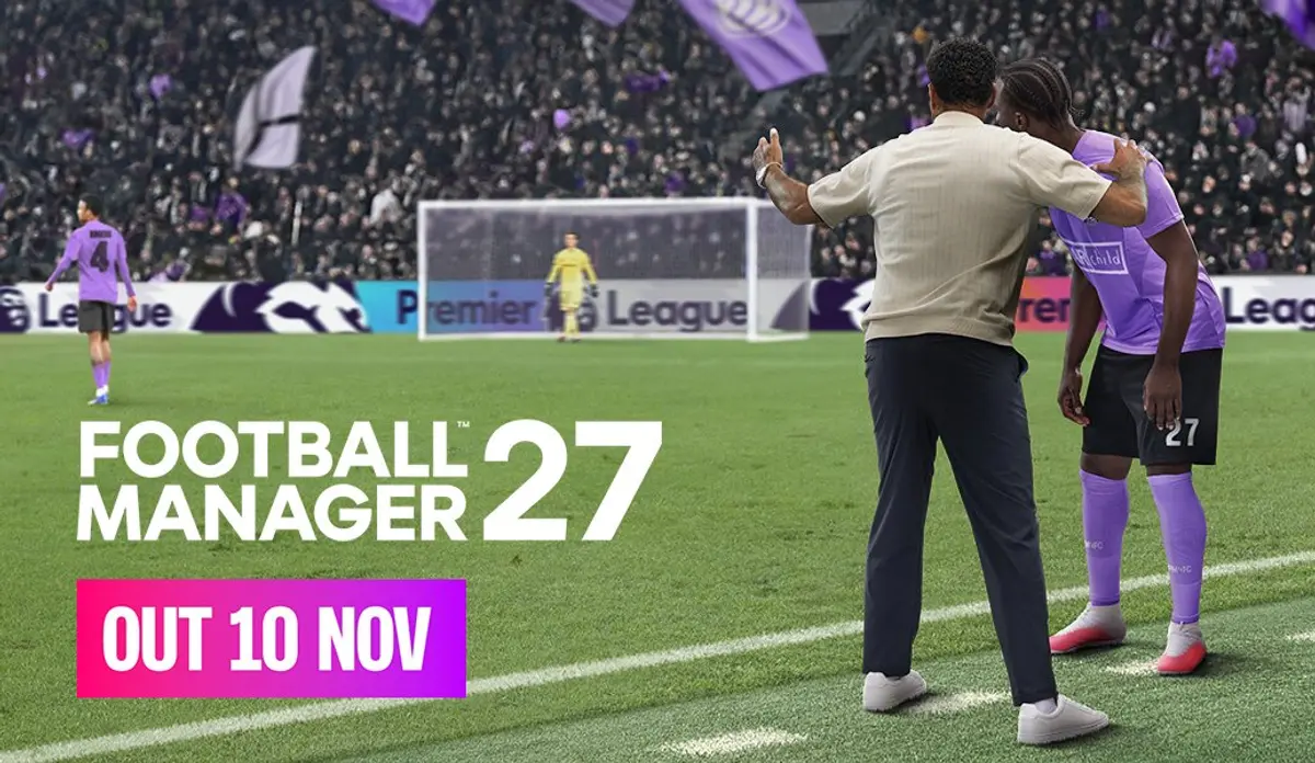 Football Manager 27 key art showing a manager speaking to a player on the touchline, with the game's title and a 10 November release date