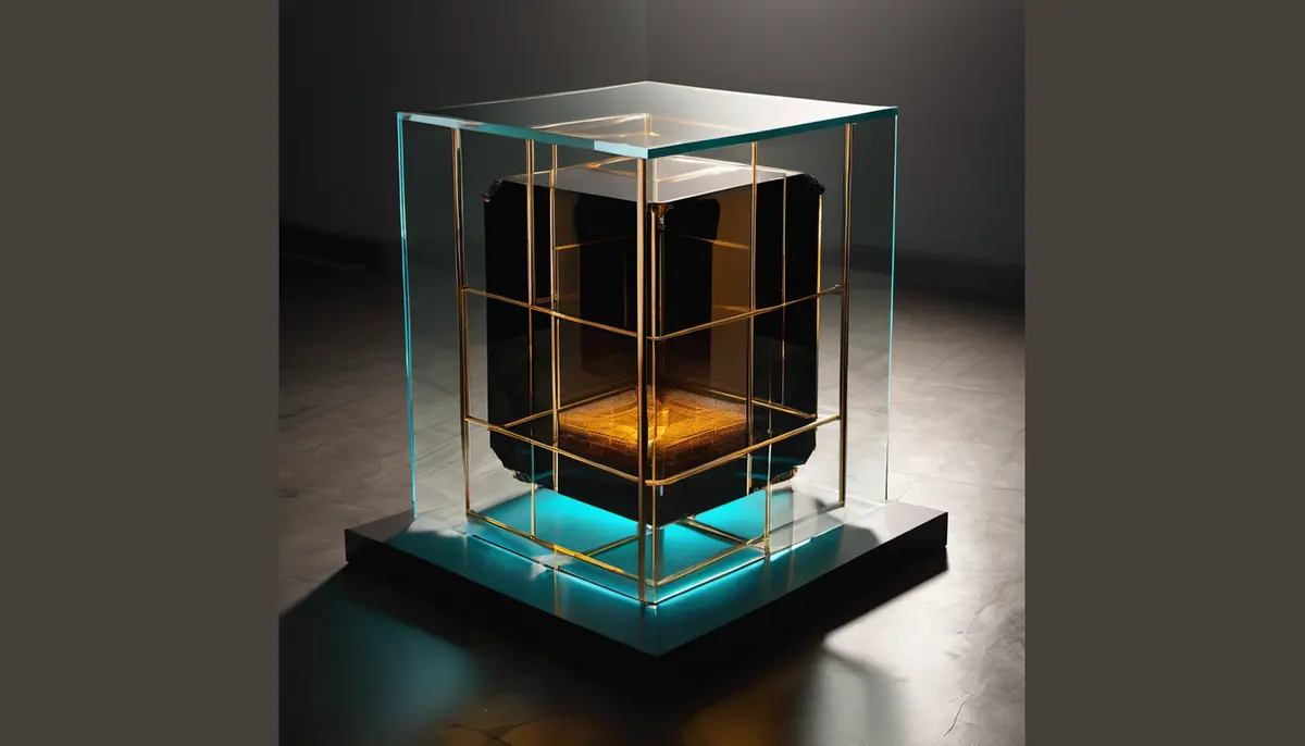 A translucent glass cube holding a dense lattice of glowing filaments on a dark stone plinth, ringed by thin amber sensor beams in a shadowed inspection chamber