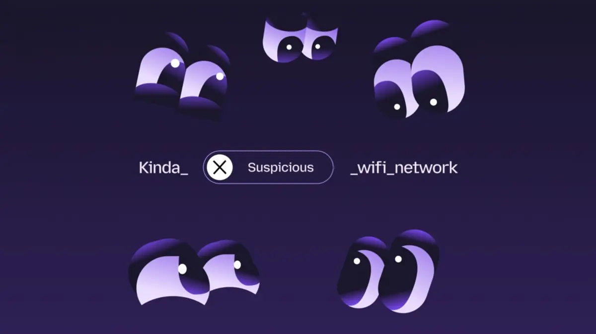 A purple Mozilla illustration of abstract faces beside a browser chip reading Suspicious wifi network.