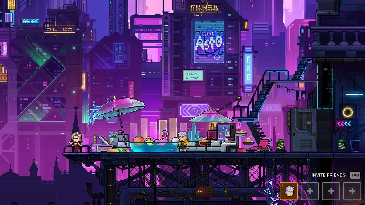 Neon Abyss 2 screenshot showing a neon-lit cyberpunk city skyline at night with two pixel-art characters on a rooftop terrace beside glowing signs and arcade signage