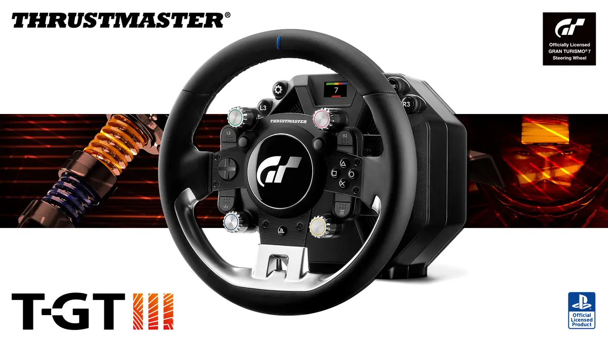The Thrustmaster T-GT III steering wheel and wheelbase seen from the front, carrying Gran Turismo and PlayStation licensing marks on a black and orange backdrop