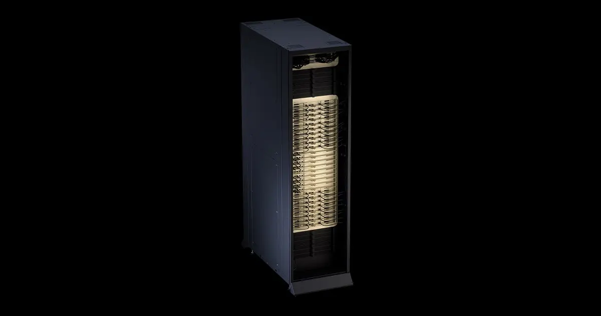 NVIDIA's Vera Rubin NVL72 rack system, showing the lit compute trays inside a single tall cabinet
