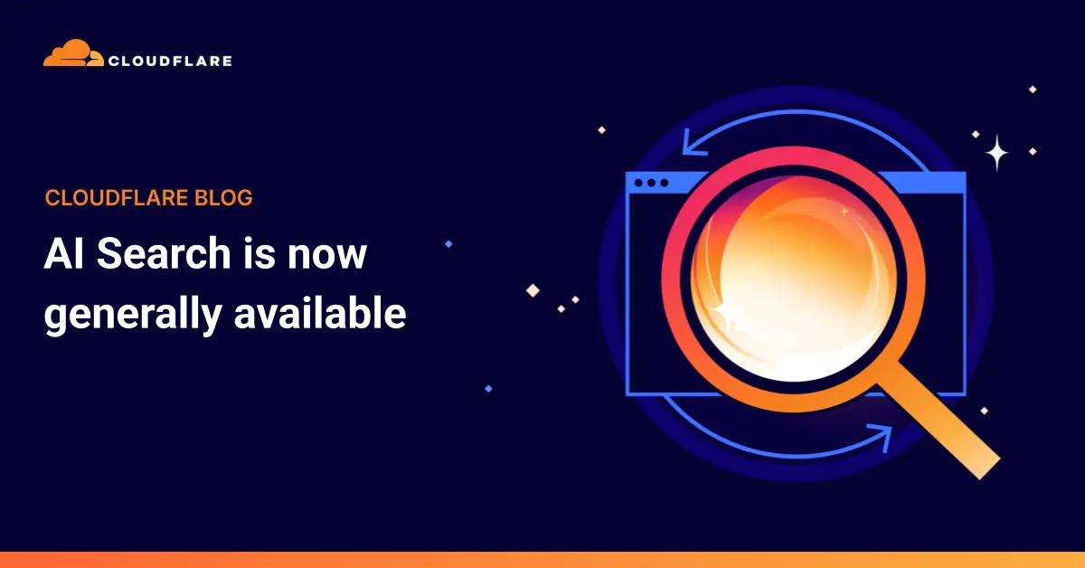 Cloudflare's announcement card for AI Search, showing the product name beside an illustration of a magnifying glass over a glowing sphere
