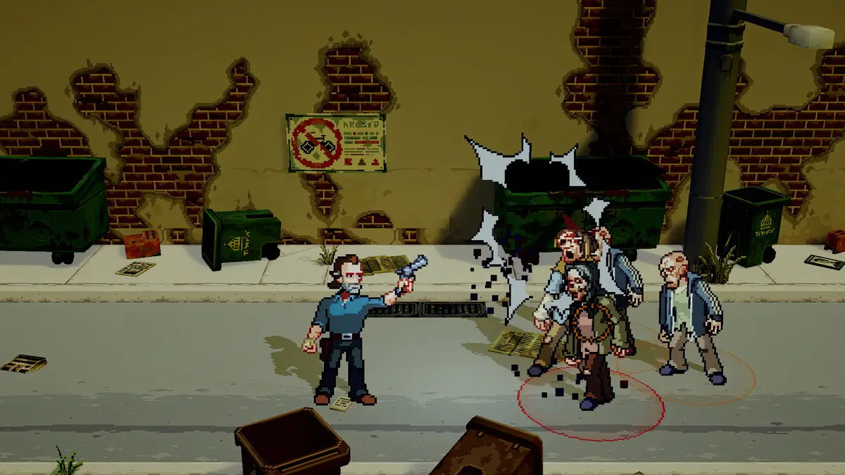 Pixel-art gameplay from The Walking Dead: Streets of Survival, showing Rick Grimes firing a revolver at walkers in a ruined city street