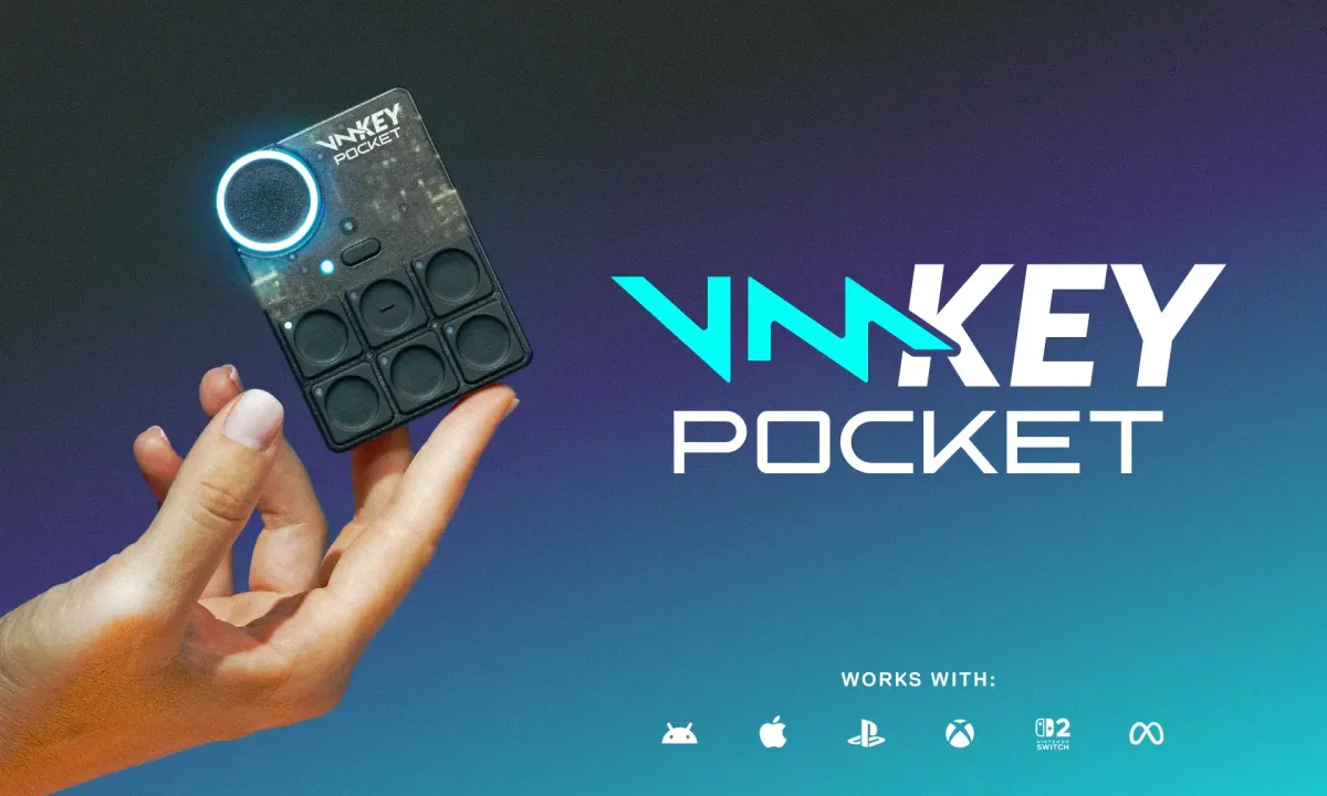 A hand holding the Voicemod Key Pocket, a small black device with a glowing dial and six buttons, next to the VMKey Pocket wordmark and platform icons.