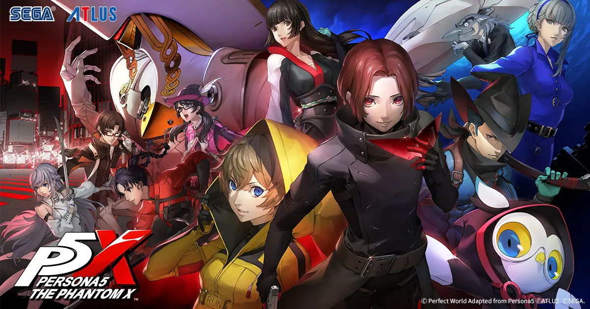 Persona5: The Phantom X artwork showing the game's cast against a red and blue backdrop, with the P5X logo and the SEGA and ATLUS marks