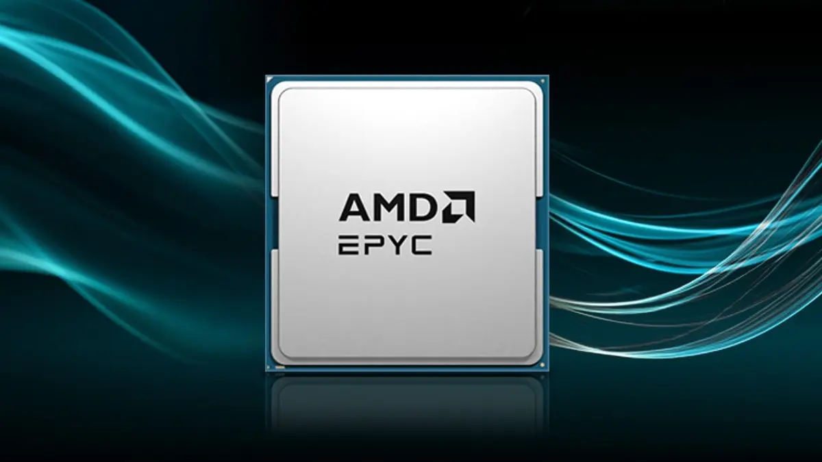 An AMD EPYC server processor against sweeping teal light trails