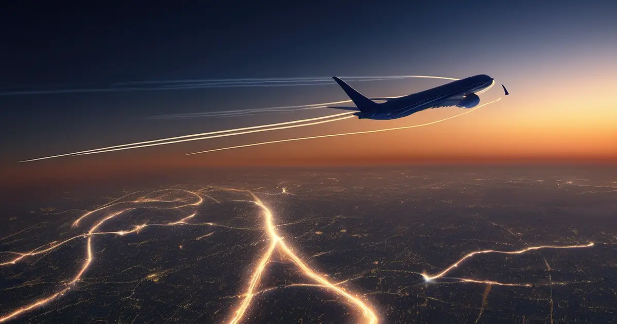 Airliners leaving long contrails across a dusk sky above a glowing web of route lines
