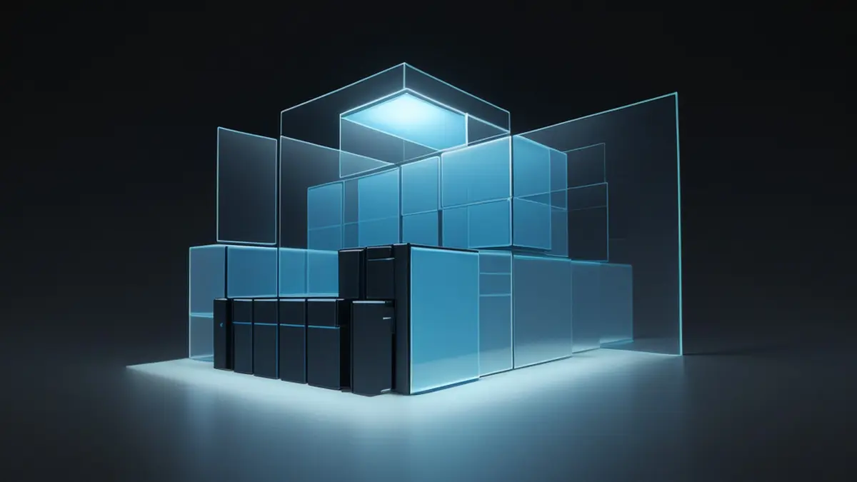 An abstract composition of glowing translucent blue glass cubes and panels stacked into a stepped block structure on a dark surface, with a row of smaller dark blocks at the front and soft blue light pooling underneath.