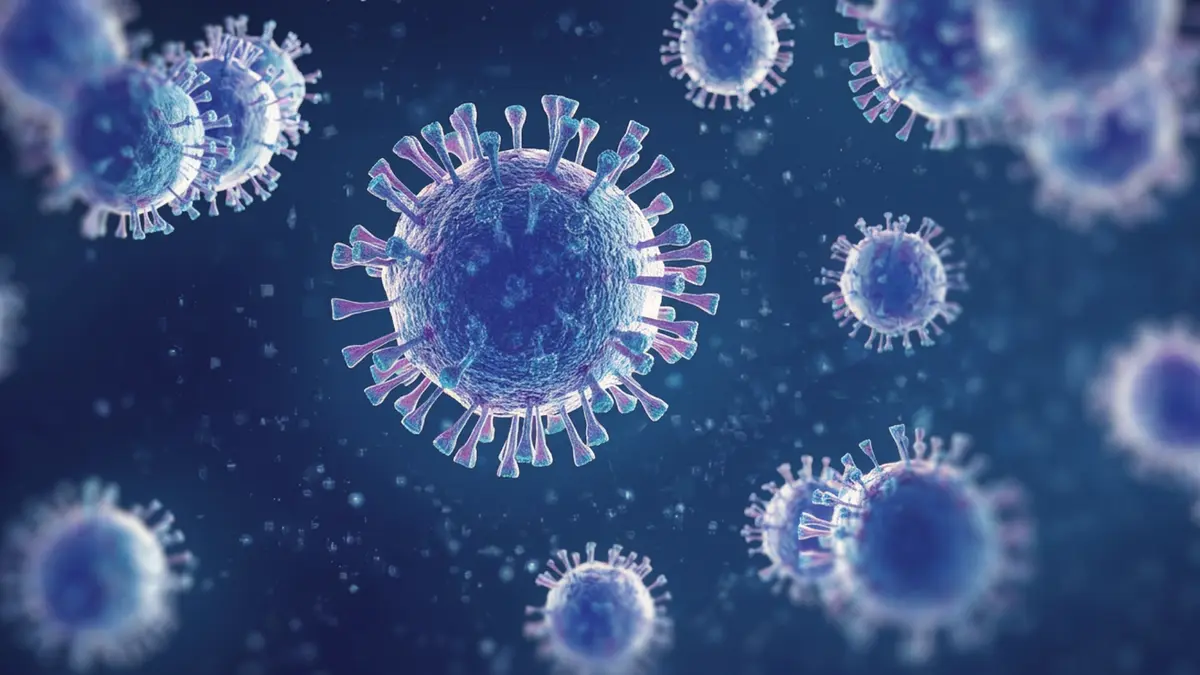 Rendered illustration of influenza virus particles in blue against a deep navy background
