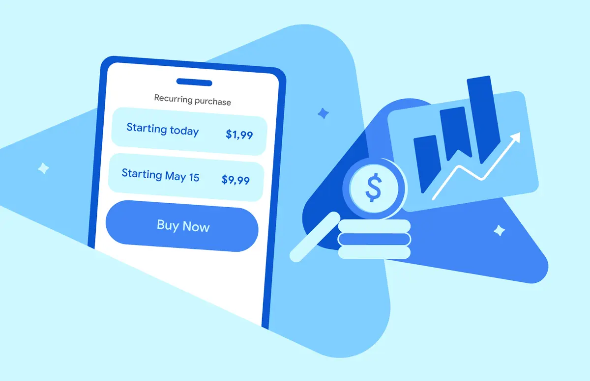Google Play illustration of a phone showing a recurring purchase checkout next to a rising bar chart and a stack of coins