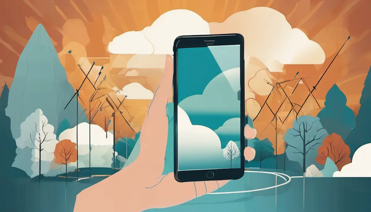 A hand holding a phone whose screen shows a gallery backing up to a cloud, with the same photo library syncing onward to a second device