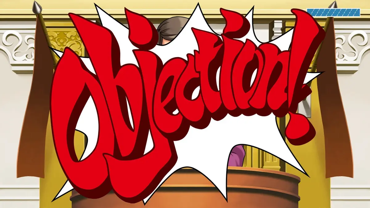 The word "Objection!" bursts out of a white speech bubble in huge red lettering across an Ace Attorney courtroom, with the back of a defence attorney's head visible above it, a wooden bench in the foreground and gold-trimmed courtroom walls behind