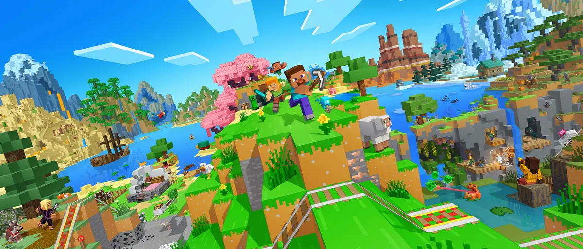 Minecraft characters and scenery across a bright block-built landscape, official Minecraft artwork.