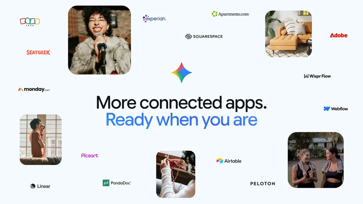 Google's Connected Apps key art for Gemini, showing the Gemini spark logo with the Airtable, Adobe, Linear, monday.com, Peloton, SeatGeek, Squarespace, Webflow, Zoho and Experian logos around the words More connected apps.