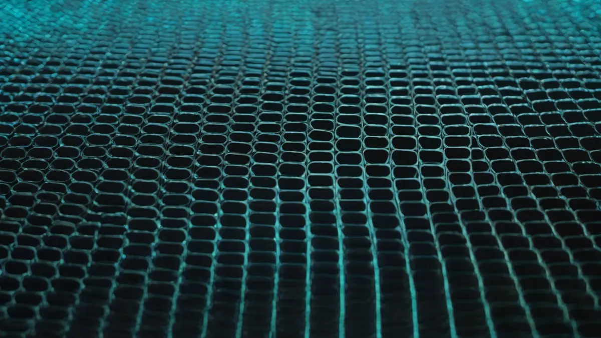 A dense grid of glowing cyan rectangular cells on a dark surface, an abstract rendering of memory-chip architecture