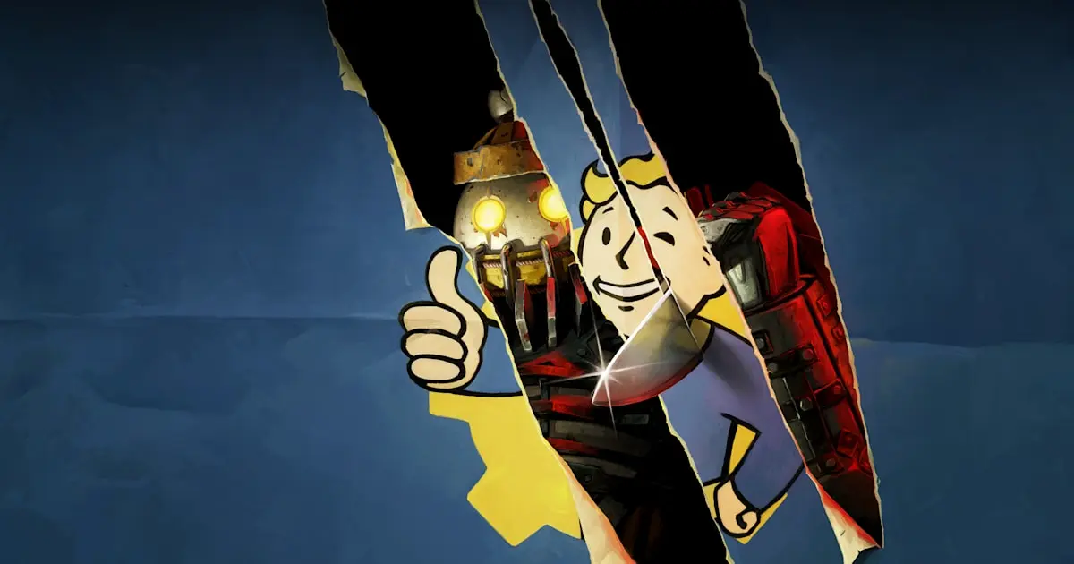 Fallout 76 The Slasher key art with Vault Boy and the Pint-Sized Slasher behind torn paper