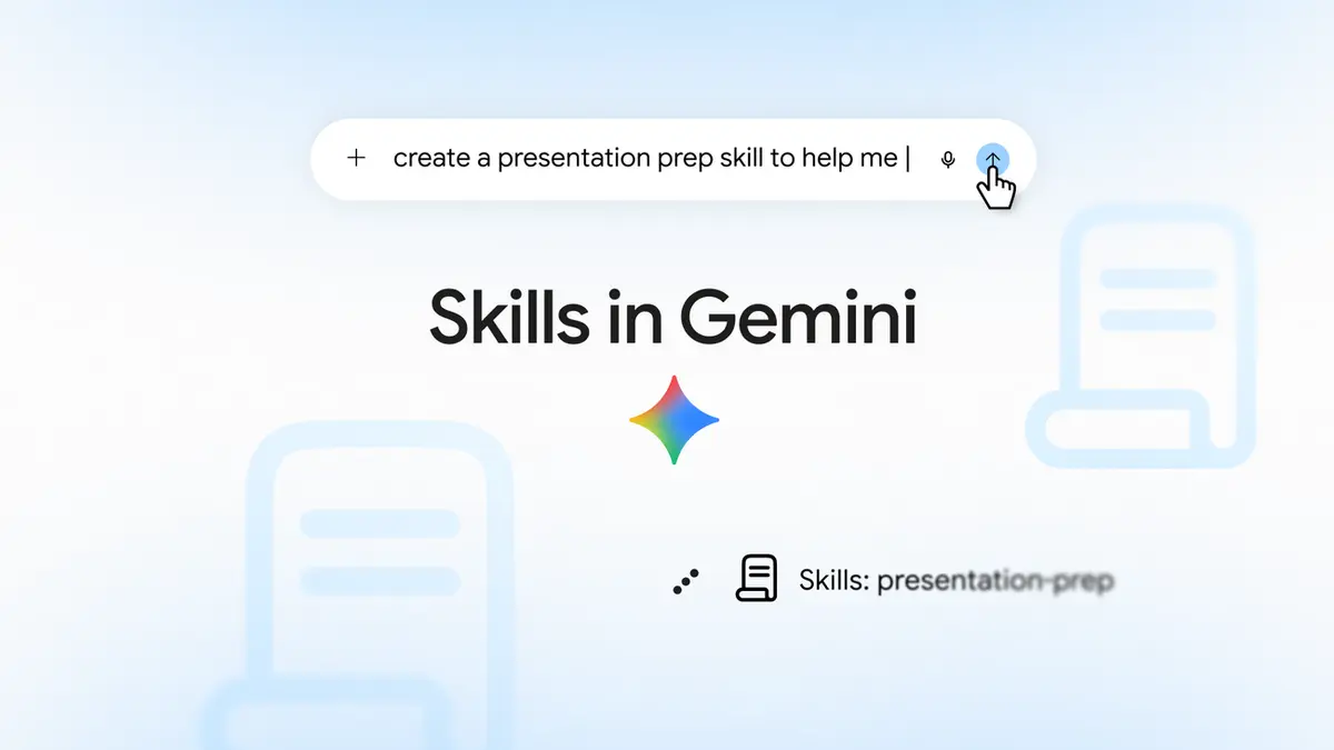 Google artwork showing the 'Skills in Gemini' prompt bar and a skill chip