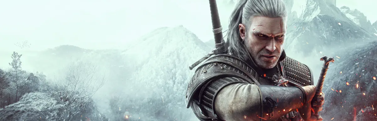 Geralt of Rivia in studded leather armour with a crossbow slung over his shoulder, drawing his sword as embers scatter, against a snow-covered mountain valley shrouded in mist