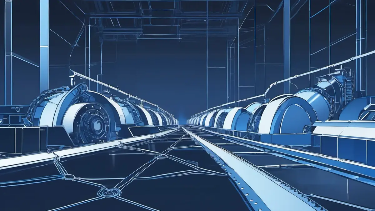 An illustration of a long industrial production line of blue machinery and rails inside a dark hall, seen head-on.