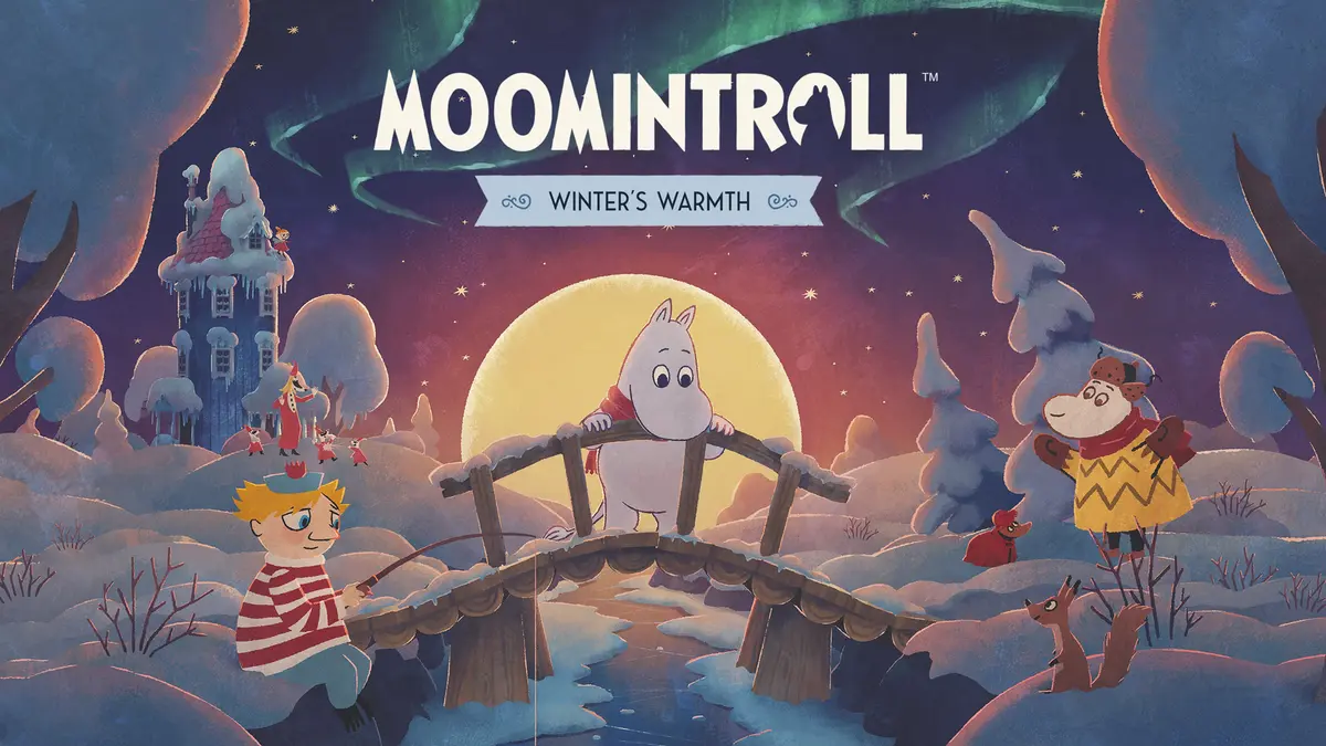 Key art for Moomintroll: Winter's Warmth showing the title above a snowy Moominvalley, with Moomintroll on a bridge under a full moon, Snufkin fishing and a Hemulen in a yellow coat