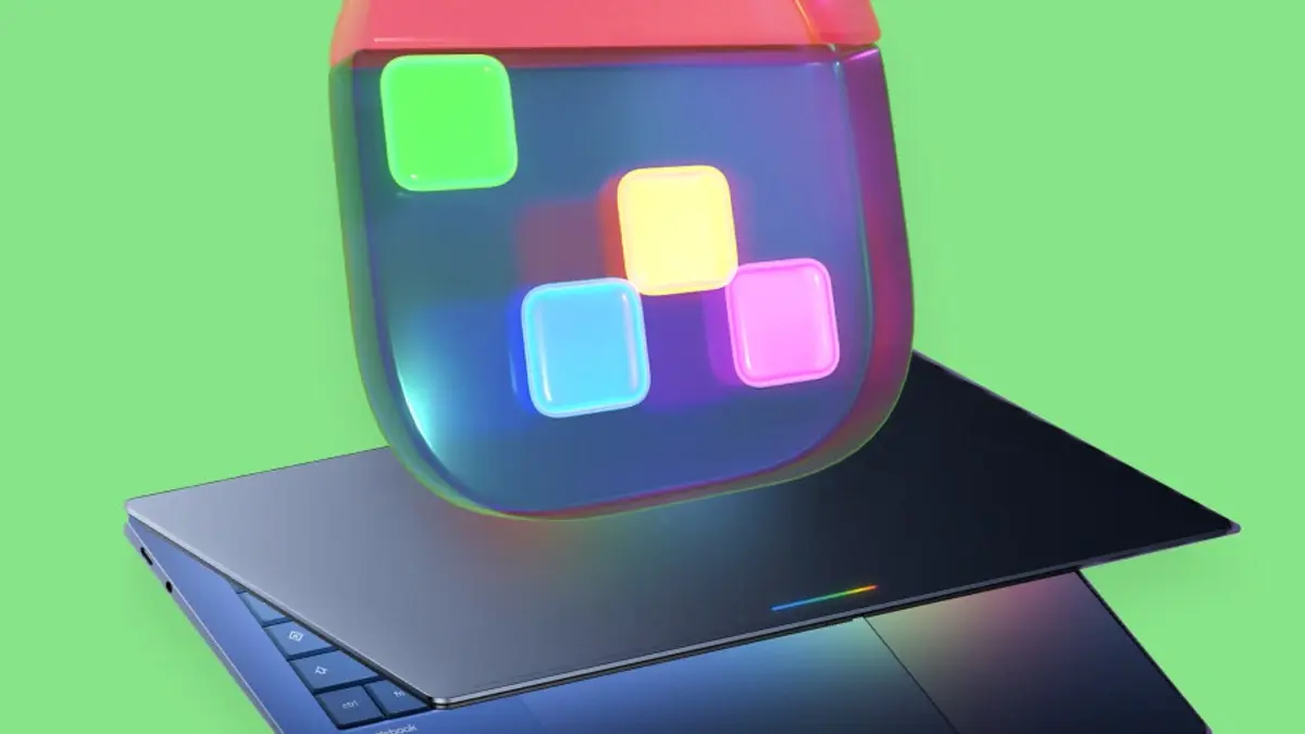 A dark grey Googlebook laptop sits open on a flat green background with the Fantastical app icon - a rounded square with a coral top band and green, yellow, blue and magenta tiles - floating above the keyboard
