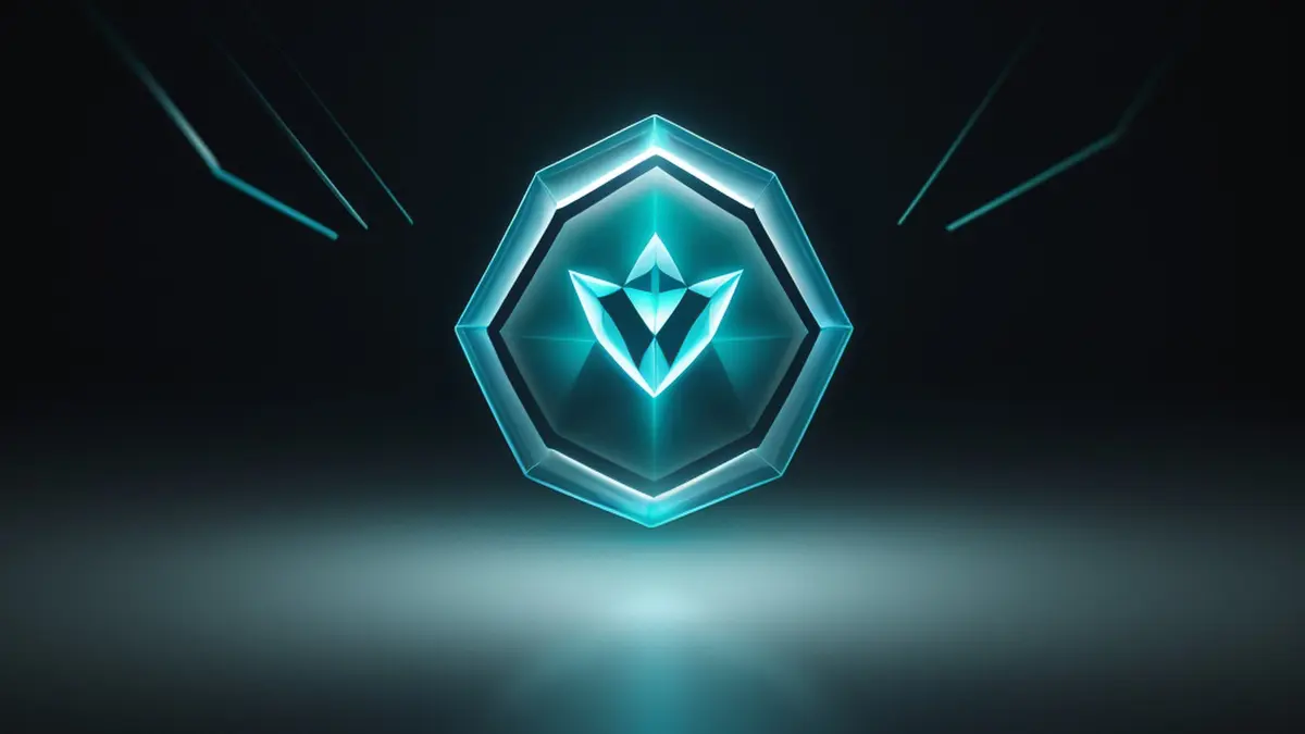 A glowing cyan hexagonal security emblem with a faceted crystal core, floating above a dark reflective surface