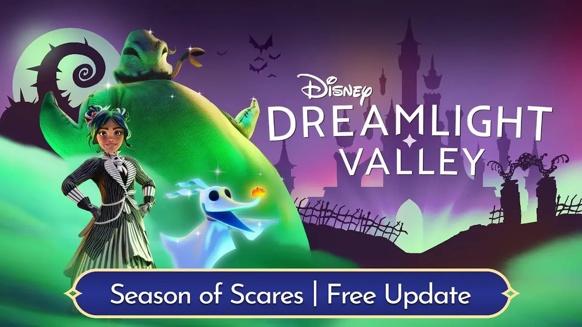 Official key art for Disney Dreamlight Valley’s Season of Scares update, showing Oogie Boogie, a player character in a striped coat, Zero the ghost dog and a banner reading Season of Scares, free update