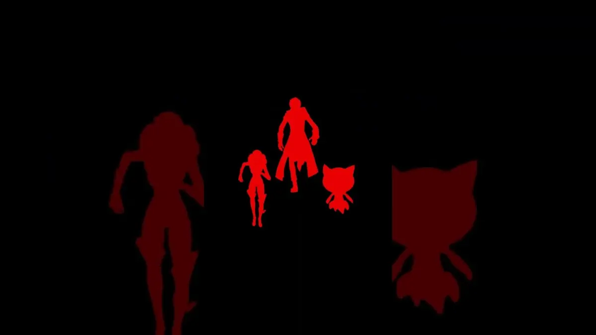 Four Phantom Thieves silhouetted in red against a black background in a Fortnite crossover teaser, with a masked cat mascot picked out on the right of the frame.