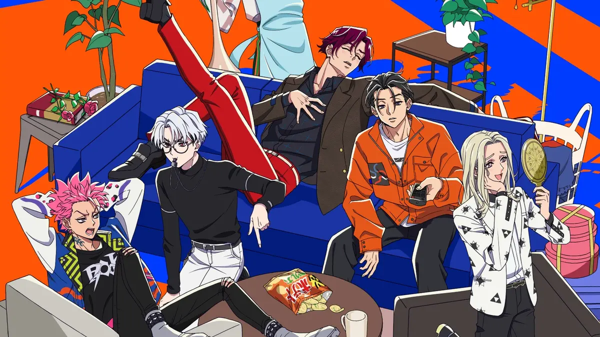The main visual for the Charisma anime: seven young men fill a shared living room, one juggling a stack of plates, another asleep mid-drawing on the floor, the rest sprawled across a blue sofa and two armchairs