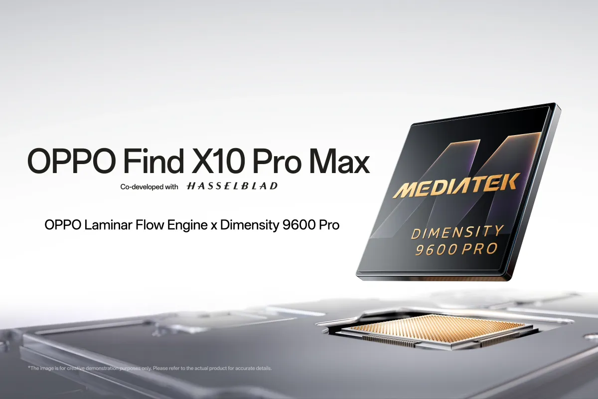 Official Oppo artwork for the Find X10 Pro Max showing the MediaTek Dimensity 9600 Pro chip