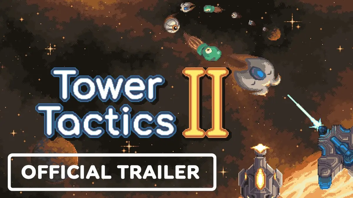 Colourful tower-defence heroes and magical towers battle across a fantasy landscape in Tower Tactics II trailer artwork