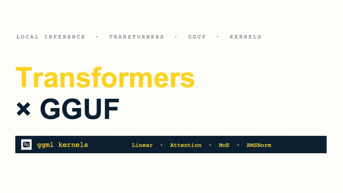 A cream banner reading Transformers in yellow and a multiplication sign with GGUF in dark navy, above a dark strip containing the ggml logo and the words ggml kernels followed by Linear, Attention, MoE and RMSNorm, with the words local inference, transformers, gguf and kernels listed along the top.