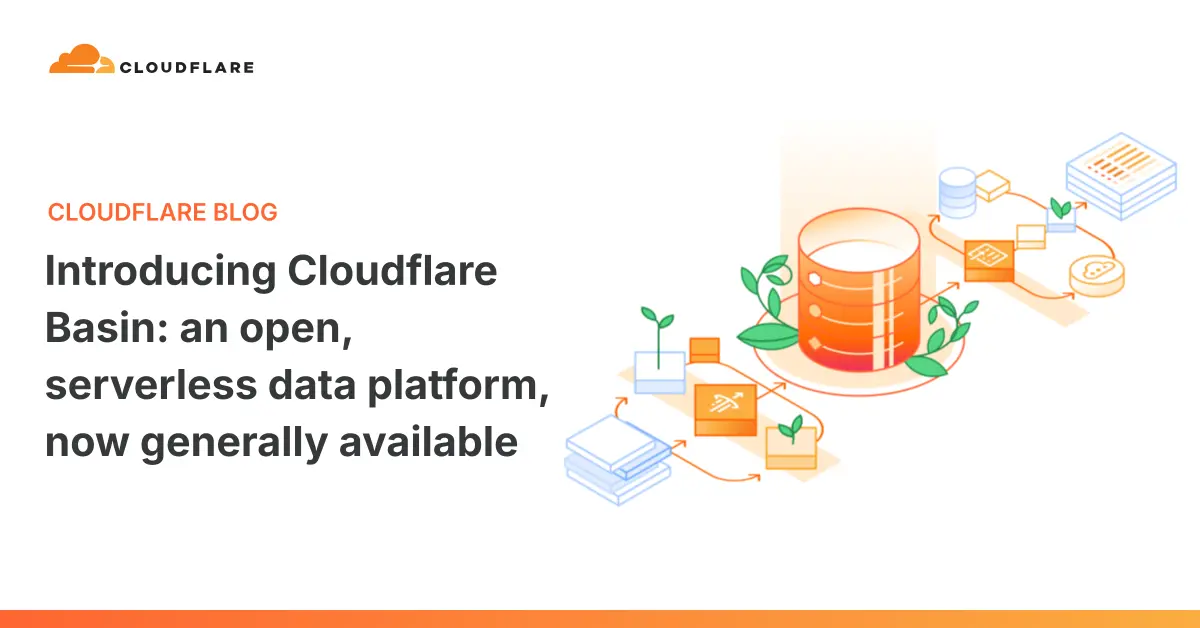 Cloudflare graphic for Basin showing an orange database drum feeding into stacked data and object storage icons, with a small green plant growing beside the stack