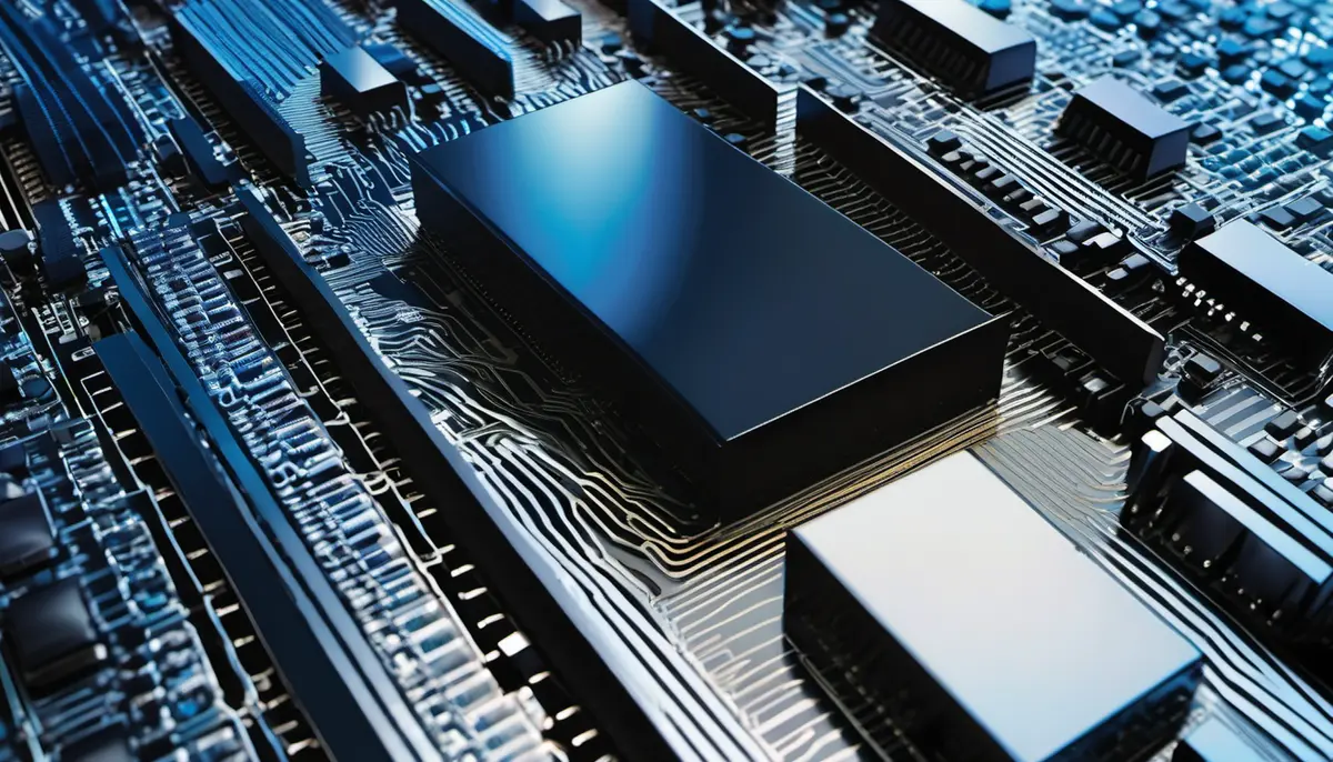 An abstract illustration of a single plain black memory chip on a metal workbench, dwarfed by a blurred wall of glowing server modules behind it