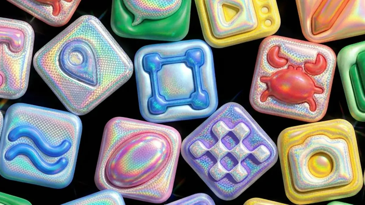 Google's header artwork for the Flow Tools announcement: a dense collage of glossy, iridescent 3D app tiles in pink, blue, green, yellow and purple on a black background, with icons for video, text, waves, a camera and a crab.
