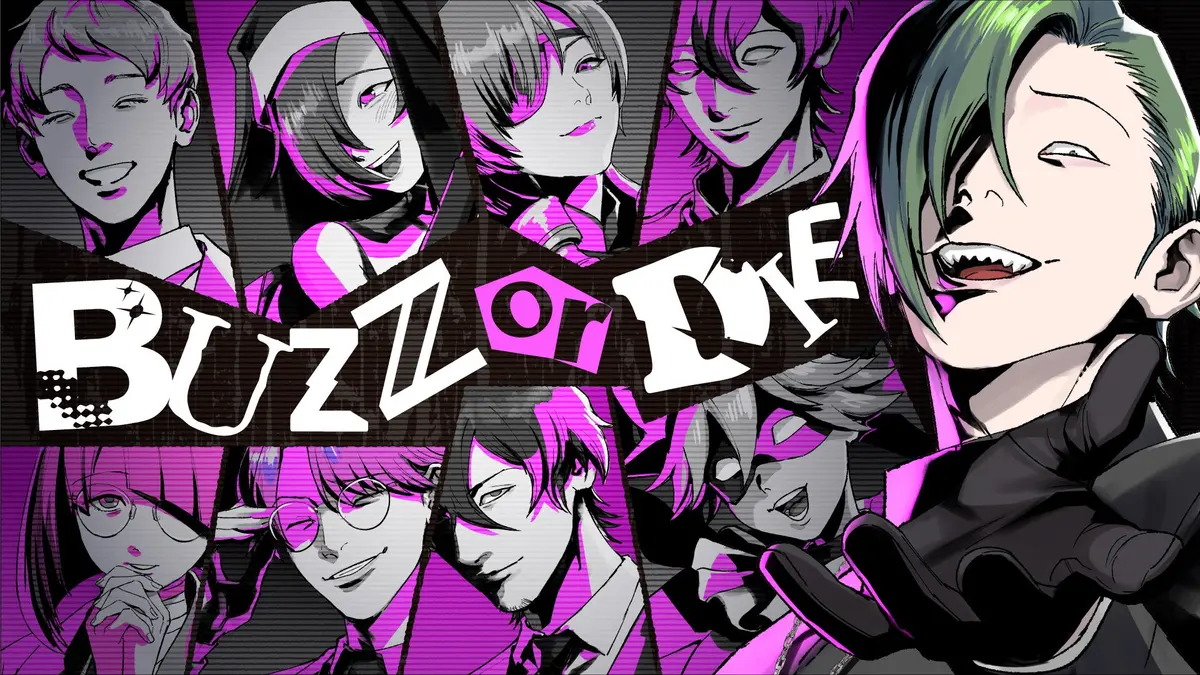 BUZZ or DIE key artwork showing death-row reality-show contestants trapped in a colourful battle for online likes.