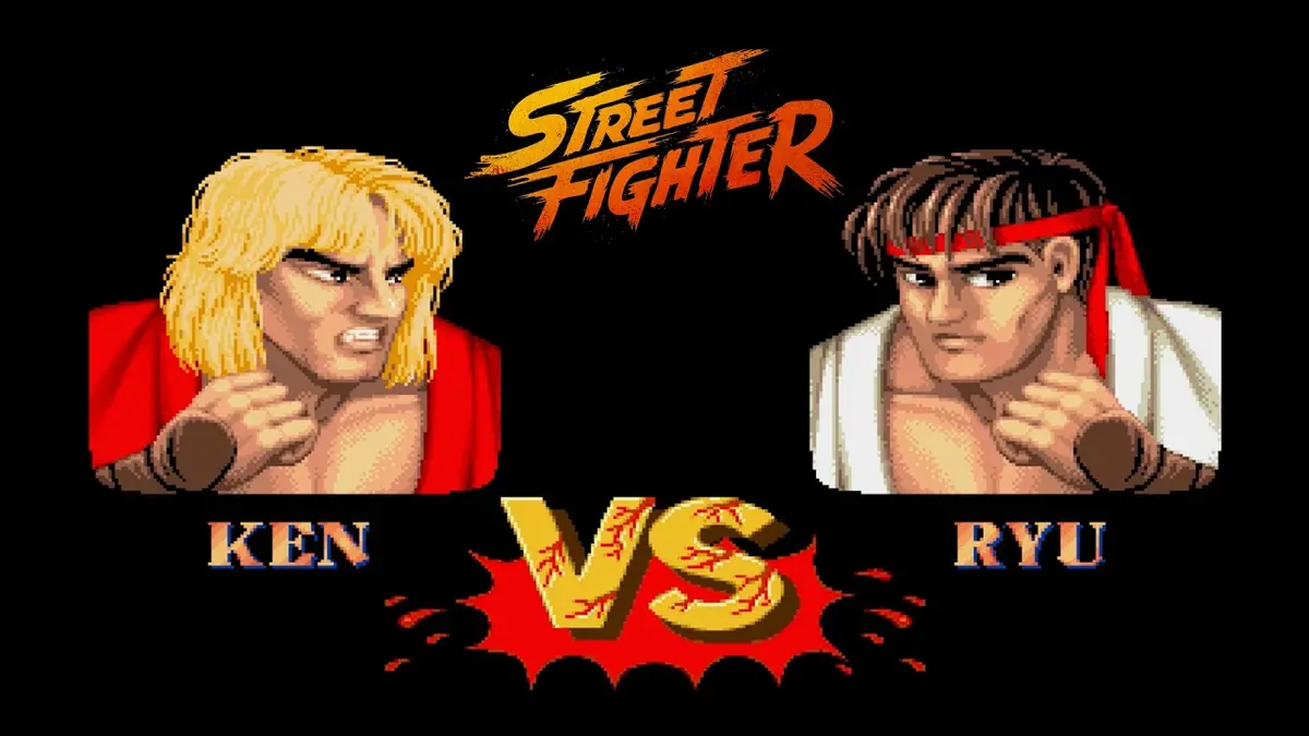 Pixel-art versions of Ken and Ryu facing each other beneath the Street Fighter logo and a stylised VS