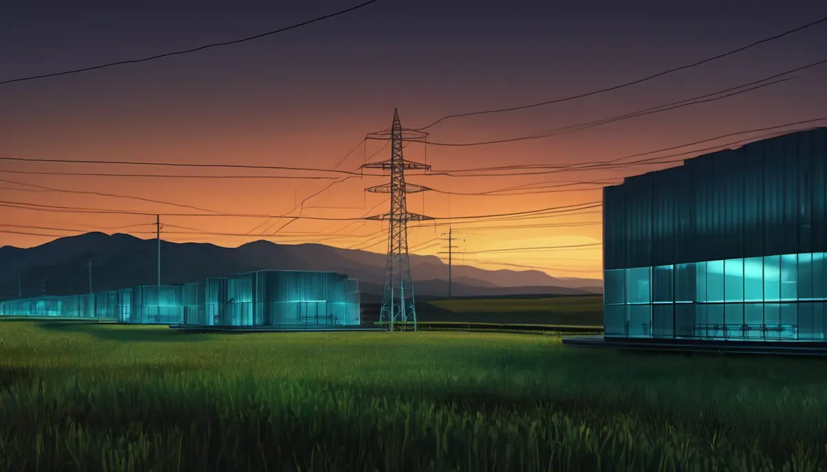 A long low data-centre building and transmission pylons standing in Virginia countryside at sunset, with the mountain ridge on the horizon