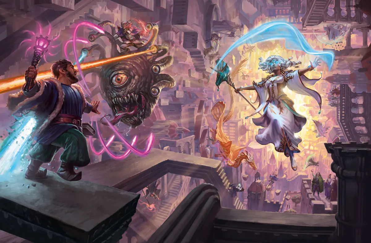 A silver-haired sorcerer in white robes hovers with a staff above a city of stacked arcane towers, while a many-eyed monster lunges at a warrior in the foreground