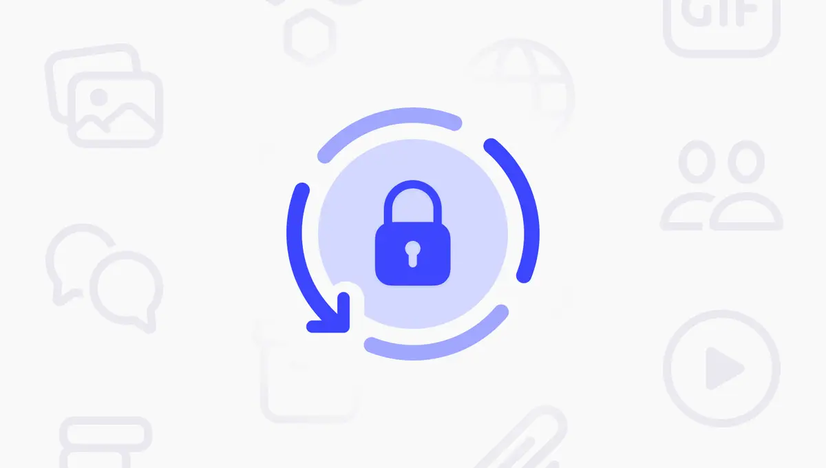 A Signal illustration of a padlock inside a circular refresh arrow, surrounded by faded outlines of message bubbles, photographs and contacts