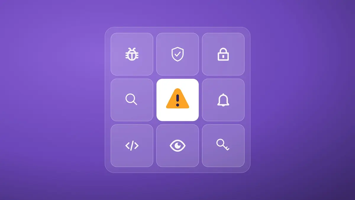 A grid of white security icons on a purple background, with a warning triangle highlighted, from GitLab's security research artwork