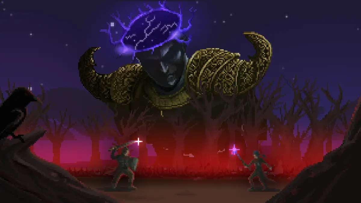 Lootborne's store key art: a colossal horned demon looms over a crimson forest with purple lightning cracking from a rune above its head, while a sword-carrying hero and a staff-wielding mage stand on the ground below and a crow watches from a branch.