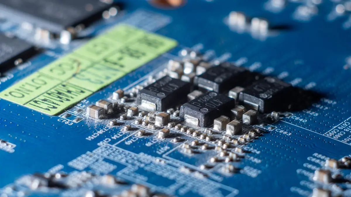 Close-up of a blue printed circuit board studded with microchips, shot with a shallow depth of field
